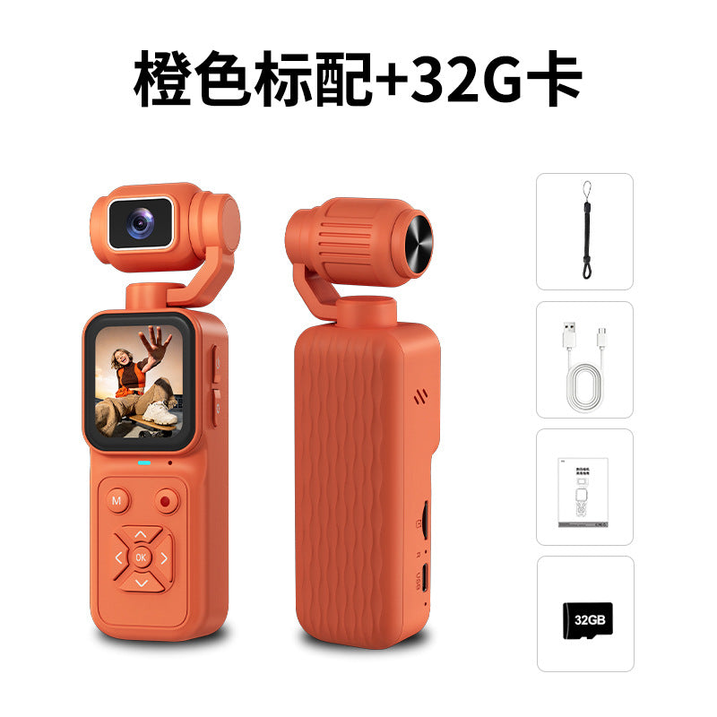 Cámara digital de bolsillo 4K color naranja con lente abatible 180° y memoria de 32 GB