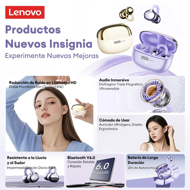 Audífonos Premium Lenovo LE302 OWS Clip – Diseño Abierto de Conexión Inteligente (Bluetooth 6.0 y Sonido Espacial 9D
