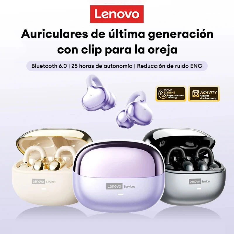 Audífonos Premium Lenovo LE302 OWS Clip – Diseño Abierto de Conexión Inteligente (Bluetooth 6.0 y Sonido Espacial 9D