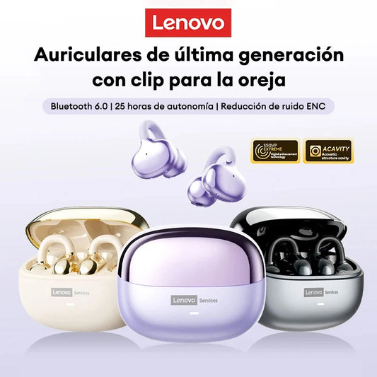 Audífonos Premium Lenovo LE302 OWS Clip – Diseño Abierto de Conexión Inteligente (Bluetooth 6.0 y Sonido Espacial 9D