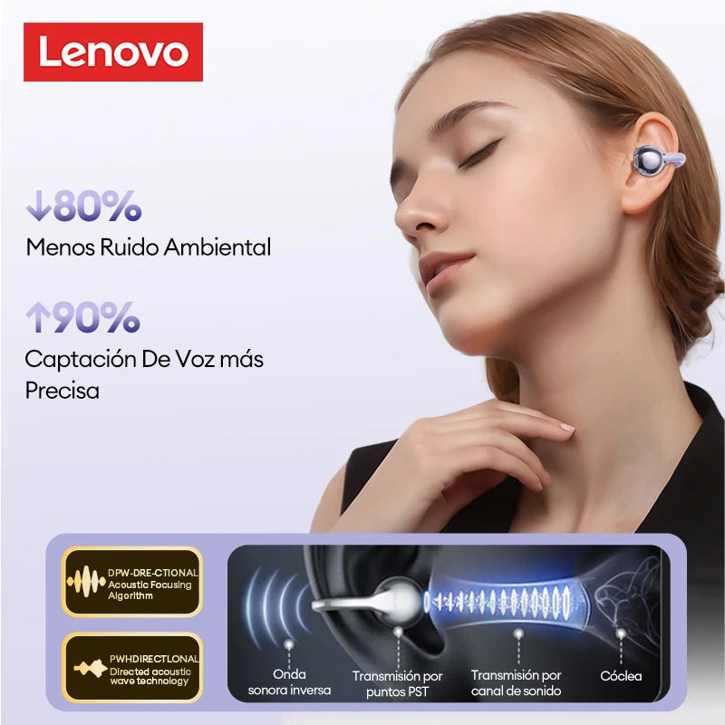 Audífonos Premium Lenovo LE302 OWS Clip – Diseño Abierto de Conexión Inteligente (Bluetooth 6.0 y Sonido Espacial 9D