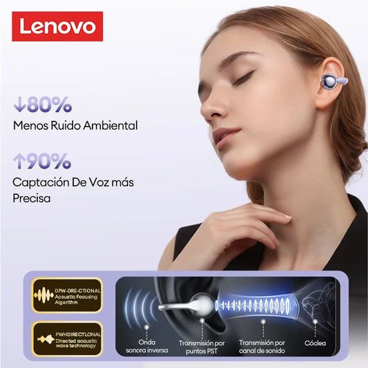 Audífonos Premium Lenovo LE302 OWS Clip – Diseño Abierto de Conexión Inteligente (Bluetooth 6.0 y Sonido Espacial 9D