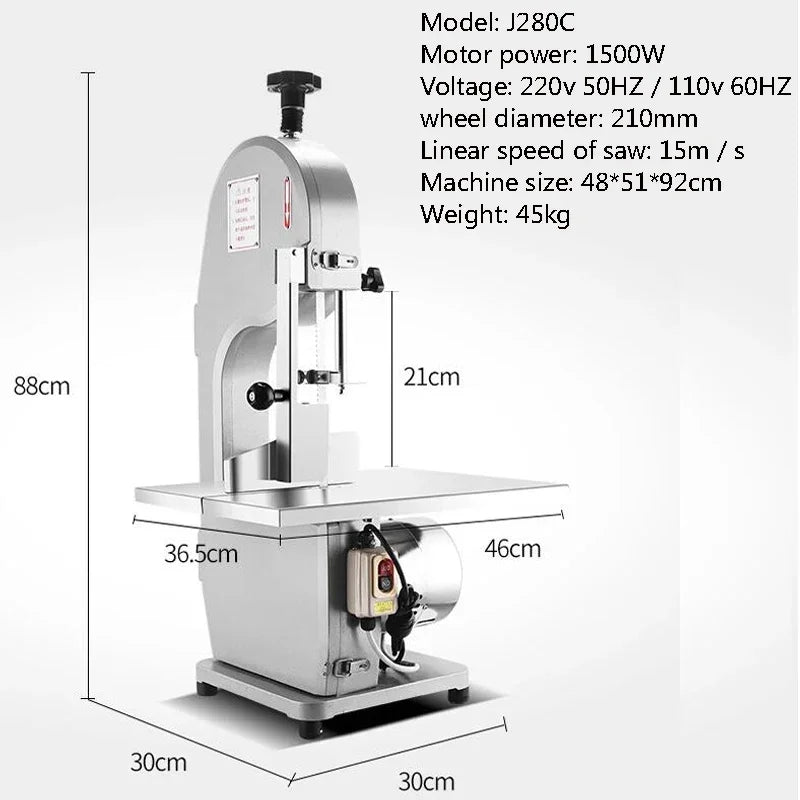 Sierra de Cinta Eléctrica Industrial para Carne y Hueso J280C – Motor de Alta Potencia 1500W en Acero Inoxidable