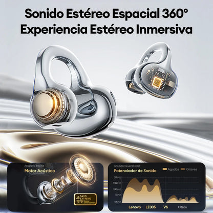 Audífonos Premium Lenovo LE302 OWS Clip – Diseño Abierto de Conexión Inteligente (Bluetooth 6.0 y Sonido Espacial 9D